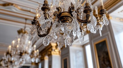 Aufkleber - Elegant crystal chandelier illuminating a beautifully ornate room with rich historical architecture : Generative AI