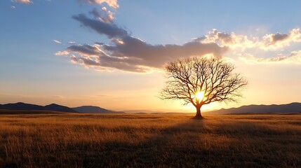 Poster - Solitary leafless tree silhouetted against a stunning sunset sky with colorful clouds and distant mountains : Generative AI