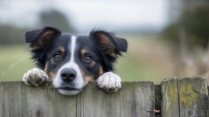 Poster - Curious Dog Leaning on a Wooden Fence Gazing Into the Distance : Generative AI