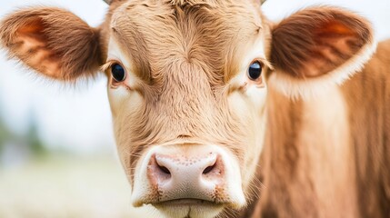 Poster - Close up of a curious brown cow with expressive eyes on a blurred farm background : Generative AI