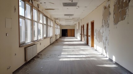 Aufkleber - An abandoned hallway in a derelict building showcasing damaged walls and flooring under bright sunlight casting eerie shadows : Generative AI