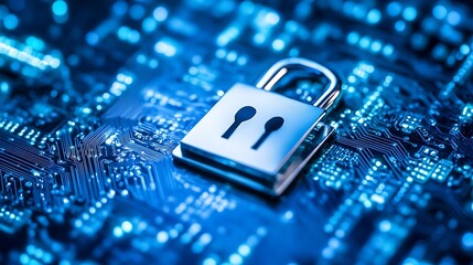 Leinwandbilder - Shiny silver padlock on a circuit board symbolizing data encryption and digital security solutions : Generative AI