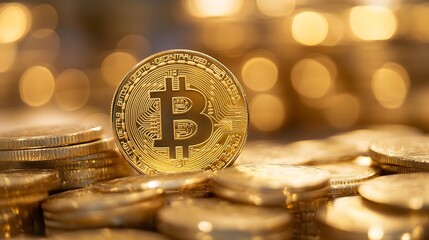Leinwandbilder - Golden Bitcoin cryptocurrency coin placed against a backdrop of shining coins and lights : Generative AI