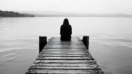 Poster - Black and white image of a woman sitting on a dock overlooking a calm lake creating a serene atmosphere : Generative AI