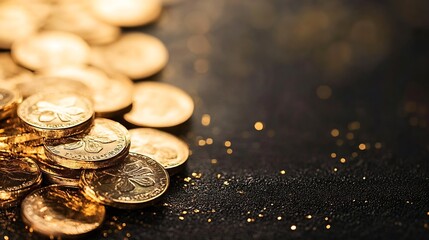 Poster - Close Up of Shiny Gold Coins Scattered on a Dark Surface with Sparkling Dust for Money and Wealth Concept : Generative AI