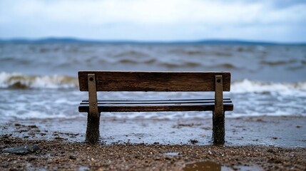 Aufkleber - Wooden bench facing the lake captured in a calm moment reflecting the beauty of nature and solitude : Generative AI