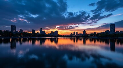 Wall Mural - Stunning sunset reflecting on a tranquil water body surrounded by a vibrant city skyline representing nature and urban beauty : Generative AI