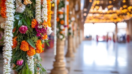 Poster - Vibrant floral garlands adorning the entrance of a grand hall with beautiful lighting : Generative AI