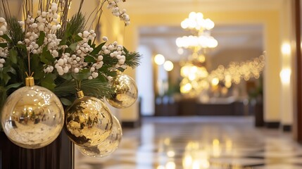 Poster - Charming holiday decorations with gold ornaments and elegant floral arrangements enhancing the festive mood : Generative AI