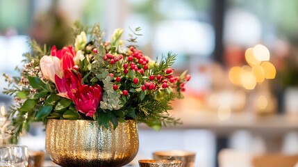 Aufkleber - Beautifully arranged colorful flower bouquet in a stylish gold pot for decoration : Generative AI