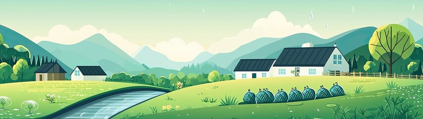 Wall Mural - serene countryside landscape with lush hills, tranquil river, and charming farmhouses in summer, sus