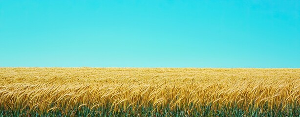 Wall Mural - golden wheat field under clear blue sky with bright sun and green grass in background, sustainable a