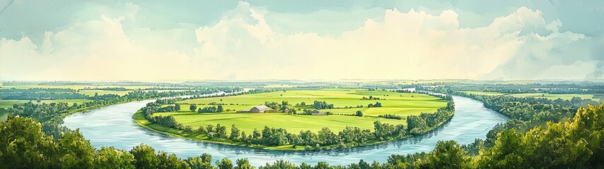 Wall Mural - serene landscape with curving river and expansive green fields under blue sky, sustainable agricultu