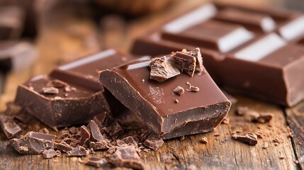 Aufkleber - Rich dark chocolate pieces on rustic wooden surface creating a delectable and inviting food scene : Generative AI