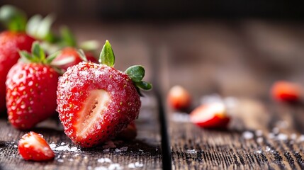 Poster - Freshly Harvested Strawberries Dusted with Sugar on a Rustic Wooden Table : Generative AI