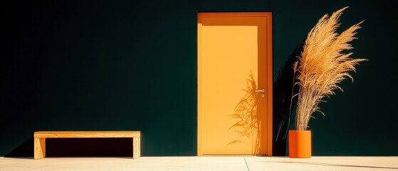 Poster - Elegant doorway with decorative plants urban setting minimalist design modern aesthetics