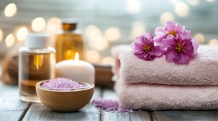 Poster - Spa Setup with Essential Oils Candles and Soft Towels Surrounded by Gentle Lighting : Generative AI
