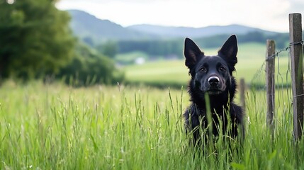 Poster - Black Dog Sitting Stylishly in Lush Green Grass with Mountains in the Background : Generative AI