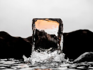 Poster - Melting ice block splashing in water nature scene abstract outdoor close-up perspective