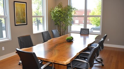 Poster - A professional workspace featuring a wooden meeting table, sleek chairs, and modern decor.