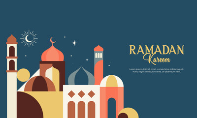 Wall Mural - Abstract Geometric Colorful Islamic Ramadan Kareem Mosque. Modern Flat Illustration of Ramadan Mosque Design Concept for Landing Page, Background, Banner, Wallpaper, Card, Invitation, and Many More. 