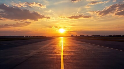 Aufkleber - Stunning Sunset Over an Airport Runway Creating a Dramatic Evening Sky : Generative AI