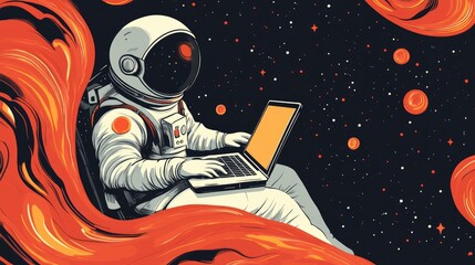 Poster - A science-fiction themed astronaut working on a laptop with swirling nebulae around him.