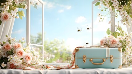 Poster - Elegant vintage suitcase filled with a beautiful bouquet of spring flowers such as roses and peonies placed on a wooden table by an open vintage window with a soft dreamy and romantic atmosphere