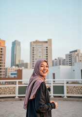 Eid al-Adha woman smiling in urban setting with clear skies, joyfulness