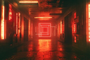 Poster - Futuristic corridor illuminated by red neon lights at night