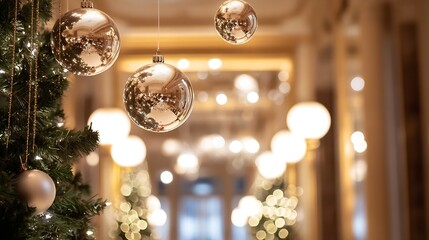 Aufkleber - Elegant Christmas Decorations with Hanging Golden Ornaments in a Luxurious Hallway : Generative AI