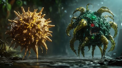 Poster - A side-by-side comparison of different virus and bacteria species, displayed in vivid 3D renderings.