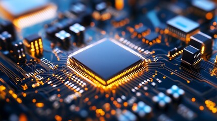 Fototapete - Detailed view of microchip with illuminated components demonstrating advanced technology in electronics : Generative AI