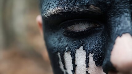 Poster - Intriguing portrait of a person with striking black face paint and a captivating gaze in natural lighting : Generative AI