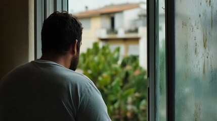Poster - Contemplative Man Looking Out of a Window at Lush Greenery in a Residential Area : Generative AI