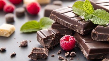 Poster - High quality dark chocolate bars with fresh raspberries and mint leaves creating a gourmet treat composition : Generative AI