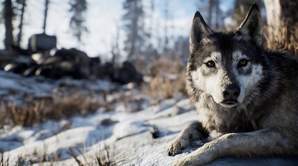 Aufkleber - Majestic wolf resting on rocky ground in a snowy forest landscape during winter : Generative AI