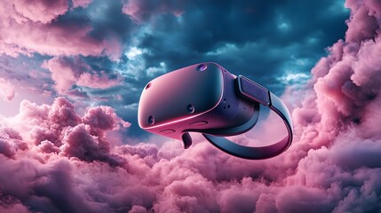 Poster - Surreal and dreamlike image of a futuristic virtual reality headset floating in a vibrant colorful cloudy sky  The device appears to be suspended in an ethereal fantastical environment