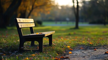 Poster - Quiet Park Bench Surrounded by Autumn Leaves Bathed in Warm Golden Light : Generative AI