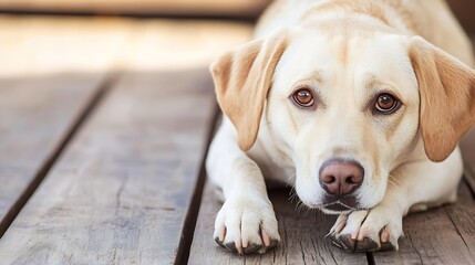 Poster - Adorable Labrador Retriever dog lying on wooden floor with thoughtful gaze : Generative AI
