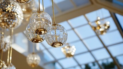 Aufkleber - Elegant Crystal Light Fixtures Hanging in a Bright Modern Interior Space : Generative AI