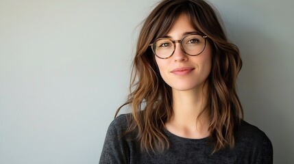 Wall Mural - Portrait of a smiling young woman with glasses against a light gray background.