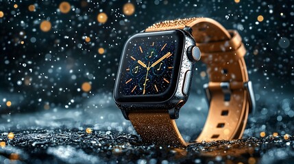 Poster - closeup of a smartwatch with a shimmering leather strap against a dark snowy backdrop with falling r