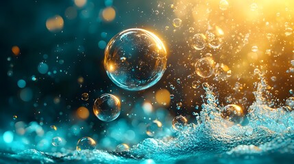 Poster - Captivating image of ethereal glowing liquid spheres and bubbles floating in a mesmerizing watery environment  The transparent refractive orbs shimmer with iridescent colors and whimsical