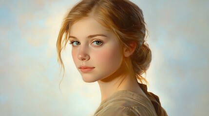 Wall Mural - Portrait of a young woman with blond hair and green eyes, looking over her shoulder.