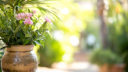 Aufkleber - Vibrant Pink Flowers in a Decorative Pot Surrounded by Lush Greenery and Soft Natural Light : Generative AI