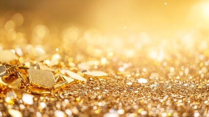 Poster - Stunning close up image of shimmering gold pieces glimmering in soft natural light on a textured surface : Generative AI