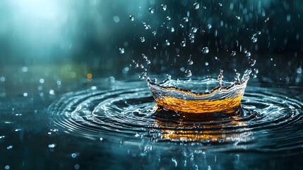 Poster - Dramatic water splash and droplets captured in vivid shades of blue and orange creating an abstract and background with a sense of energy and motion