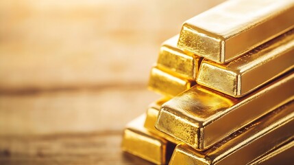 Poster - Shiny Gold Bars Stacked on a Rustic Wooden Surface Representing Wealth and Prosperity : Generative AI