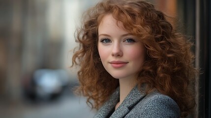 Wall Mural - Portrait of a young woman with curly red hair, smiling gently, outdoors.